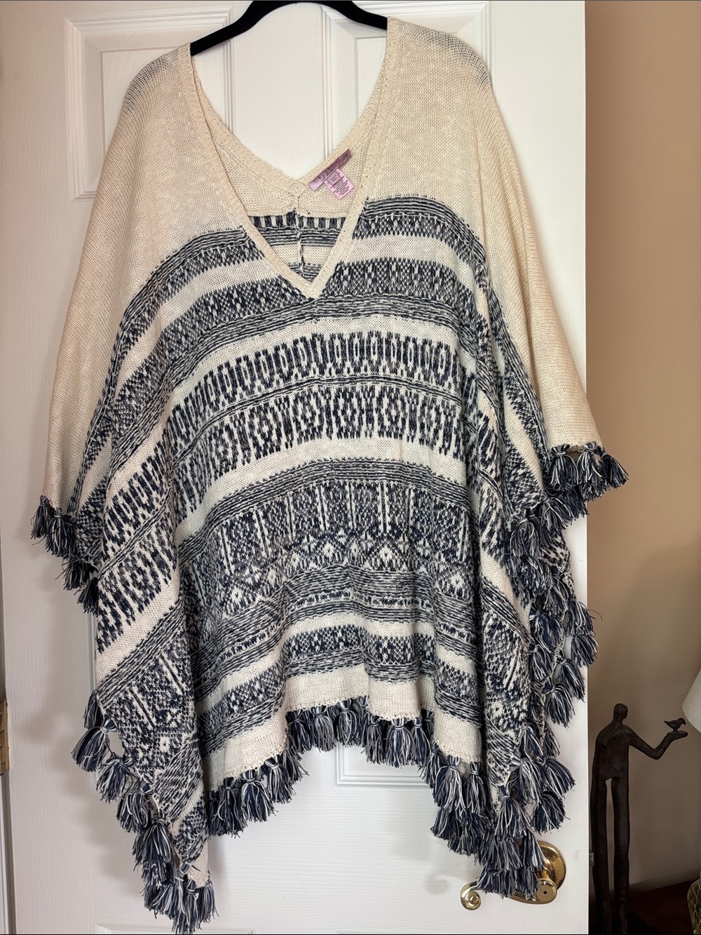 Calypso St. Barth Cream and Black Patterned V-Neck Poncho